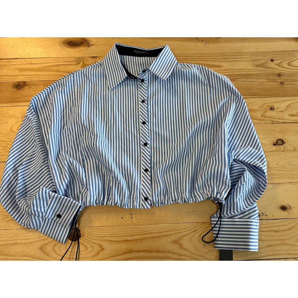 Emerson Lang Blue White Striped Cropped Button Down Shirt Drawstring Hem M